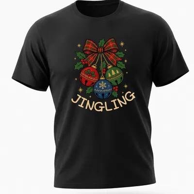 Colorful Christmas bells with a plaid bow and the word 'JINGLING'