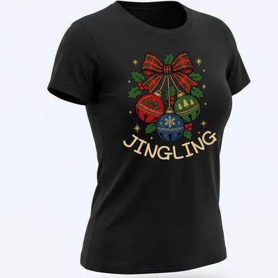 Colorful Christmas bells with a plaid bow and the word 'JINGLING' — printed on a women's shirt
