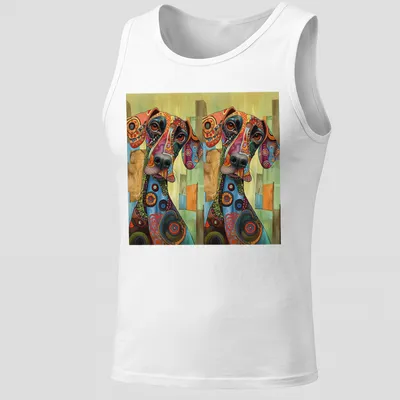 Colorful abstract dog illustration on a t-shirt with artistic patterns — printed on a tank top