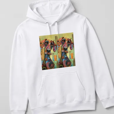 Colorful abstract dog illustration on a t-shirt with artistic patterns — printed on a unisex hoodie