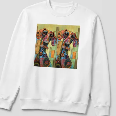 Colorful abstract dog illustration on a t-shirt with artistic patterns — printed on a unisex sweatshirt