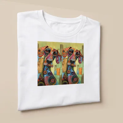 Colorful abstract dog illustration on a t-shirt with artistic patterns — printed on a unisex t-shirt (angled view)