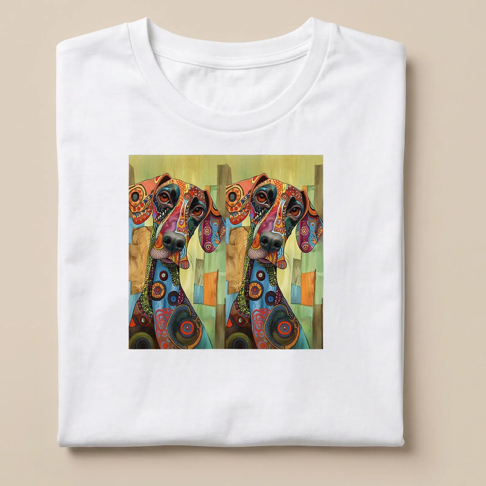 Colorful abstract dog illustration on a t-shirt with artistic patterns — printed on a unisex t-shirt
