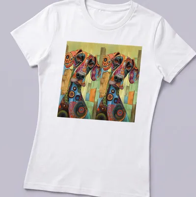 Colorful abstract dog illustration on a t-shirt with artistic patterns — printed on a women's shirt