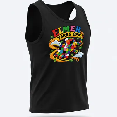 Colorful cartoon of a patchwork elephant with the phrase Elmer Takes Off — printed on a tank top