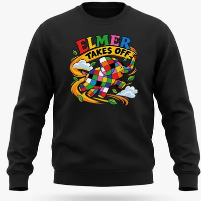 Colorful cartoon of a patchwork elephant with the phrase Elmer Takes Off — printed on a unisex sweatshirt