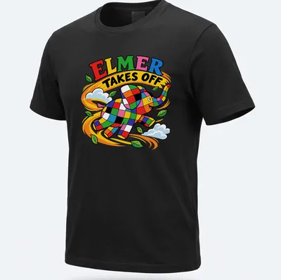 Colorful cartoon of a patchwork elephant with the phrase Elmer Takes Off