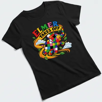 Colorful cartoon of a patchwork elephant with the phrase Elmer Takes Off — printed on a women's shirt