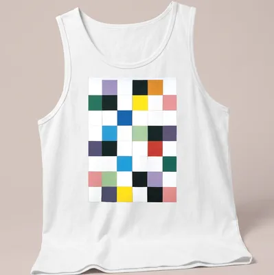 Colorful abstract square pattern on a minimalist t-shirt with modern typography — printed on a tank top