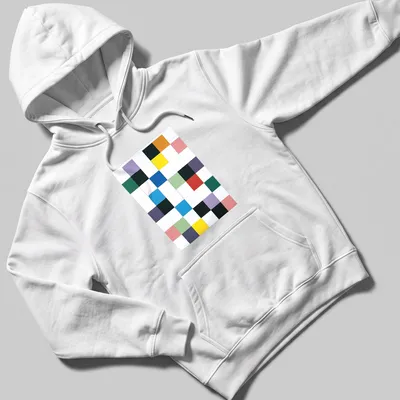 Colorful abstract square pattern on a minimalist t-shirt with modern typography — printed on a unisex hoodie