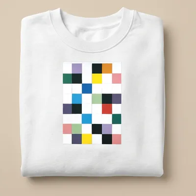 Colorful abstract square pattern on a minimalist t-shirt with modern typography — printed on a unisex sweatshirt