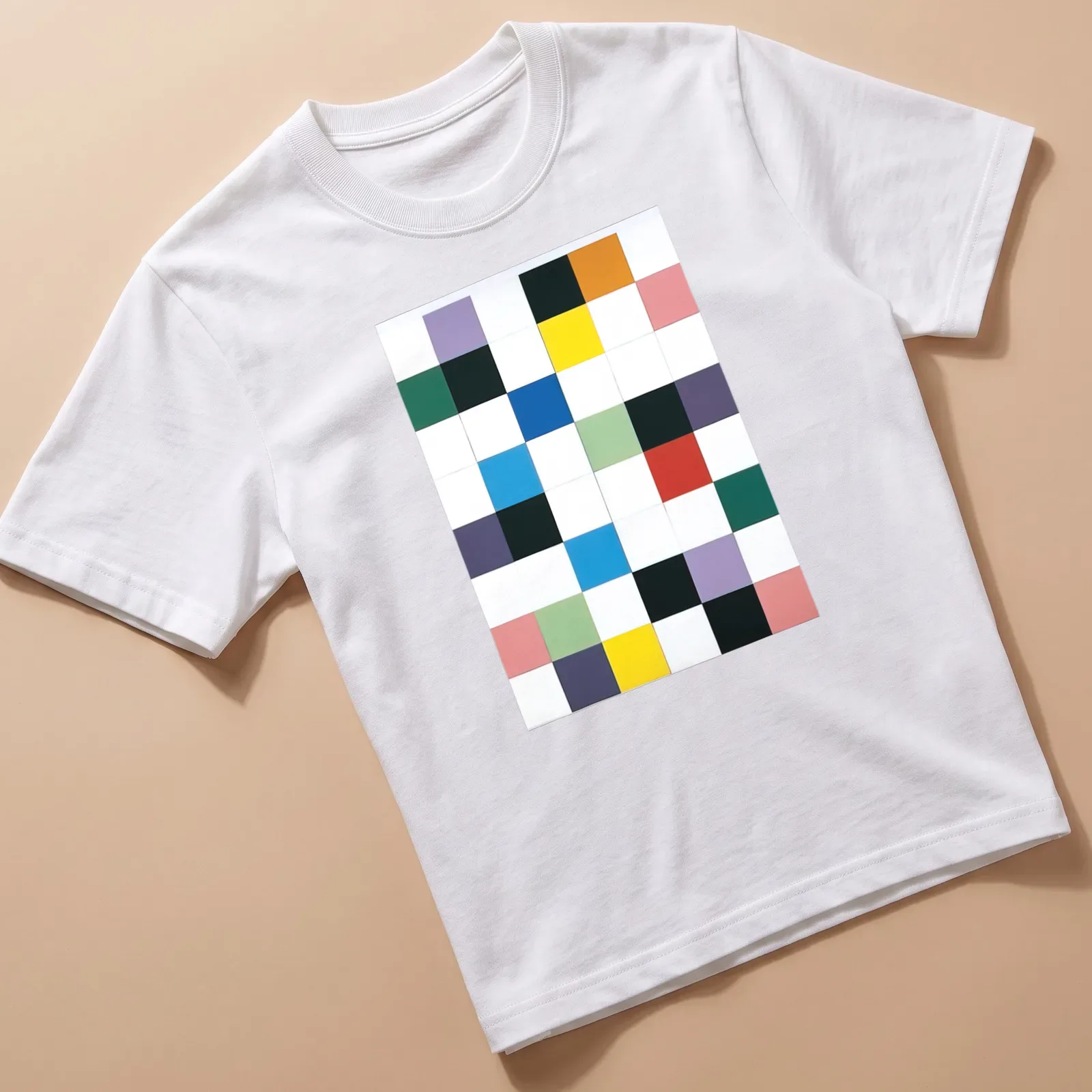 Colorful abstract square pattern on a minimalist t-shirt with modern typography — printed on a unisex t-shirt