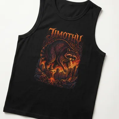 Detailed illustration of a colossal raccoon named Jimothy above a burning city. — printed on a tank top