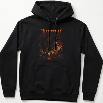 Detailed illustration of a colossal raccoon named Jimothy above a burning city. — printed on a unisex hoodie