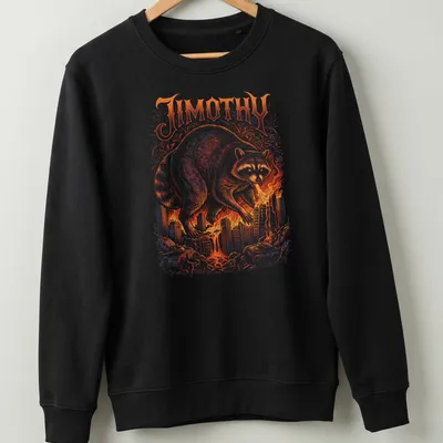 Detailed illustration of a colossal raccoon named Jimothy above a burning city. — printed on a unisex sweatshirt