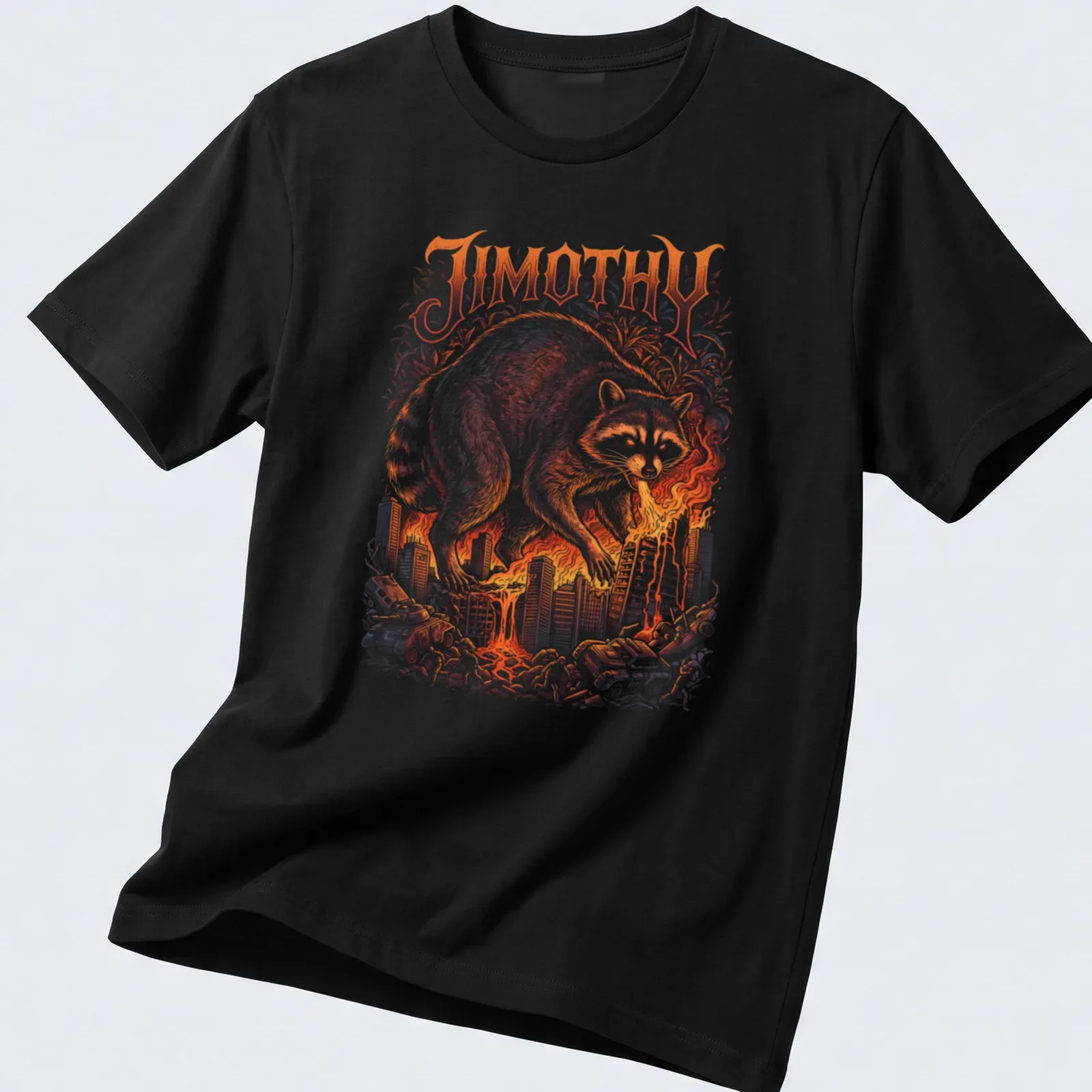 Detailed illustration of a colossal raccoon named Jimothy above a burning city. — printed on a unisex t-shirt