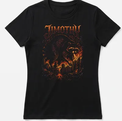 Detailed illustration of a colossal raccoon named Jimothy above a burning city. — printed on a women's shirt