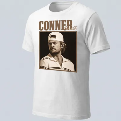 Vintage sepia t-shirt featuring the name Conner Smith in classic font.