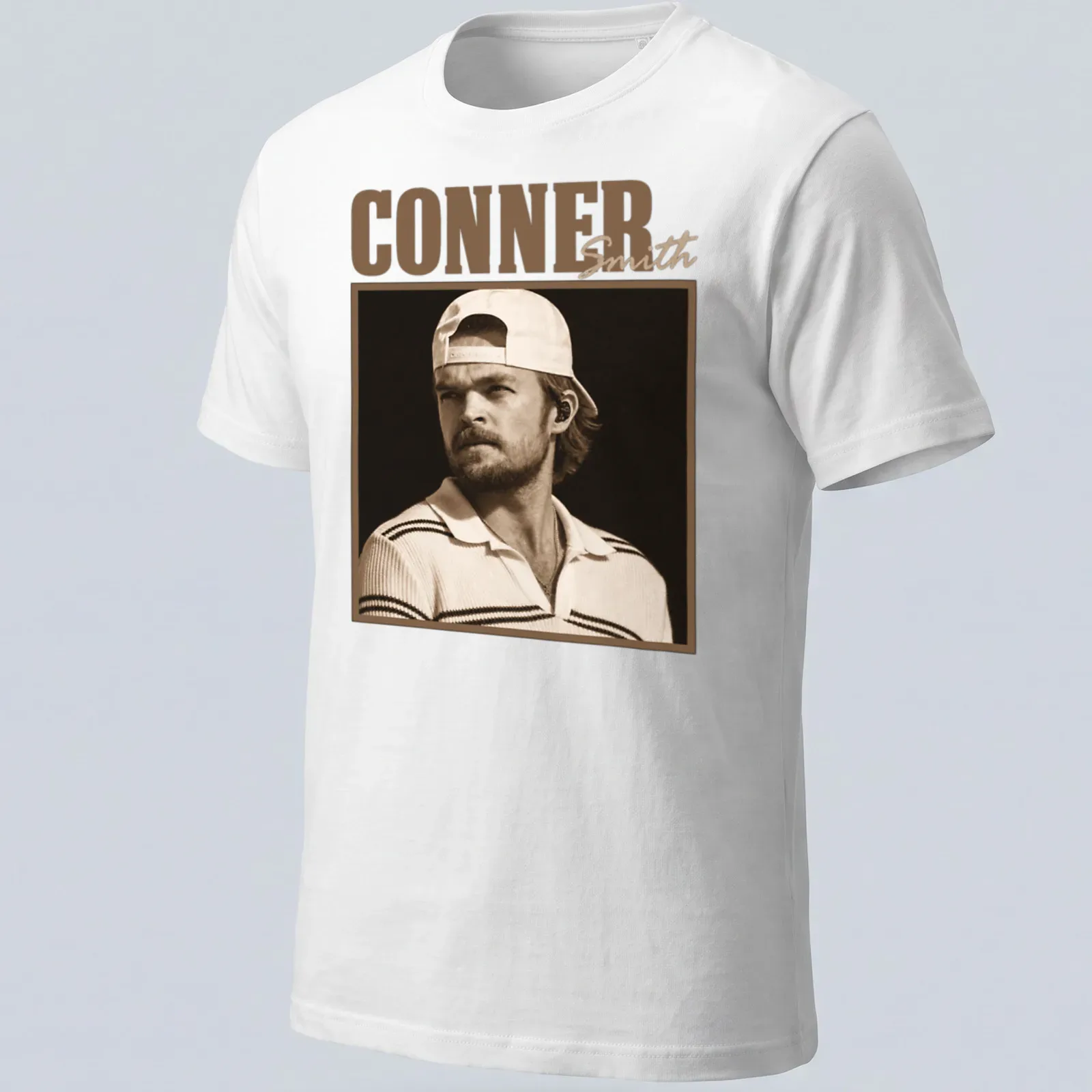 Vintage sepia t-shirt featuring the name Conner Smith in classic font. — printed on a unisex t-shirt