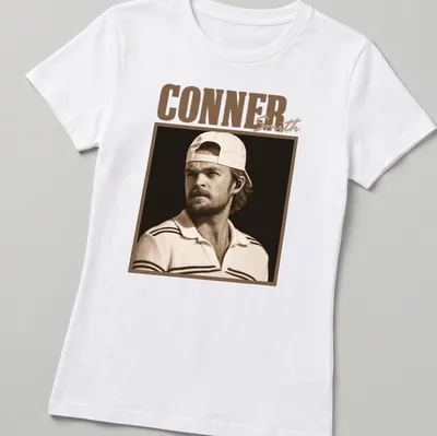 Vintage sepia t-shirt featuring the name Conner Smith in classic font. — printed on a women's shirt