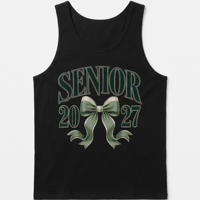 Elegant T-shirt featuring a coquette bow and graduation year in green and white — printed on a tank top
