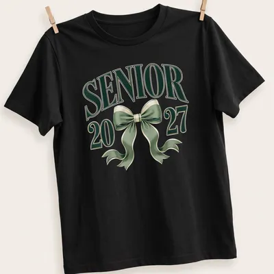 Elegant T-shirt featuring a coquette bow and graduation year in green and white