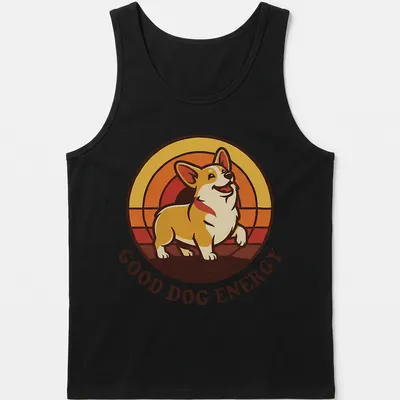 Retro print featuring a joyful Corgi with text reading 'Good Dog Energy' in bright colors — printed on a tank top