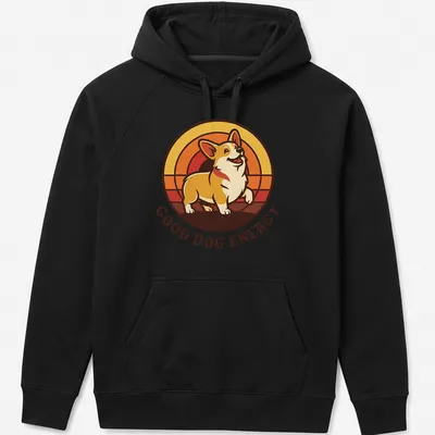 Retro print featuring a joyful Corgi with text reading 'Good Dog Energy' in bright colors — printed on a unisex hoodie