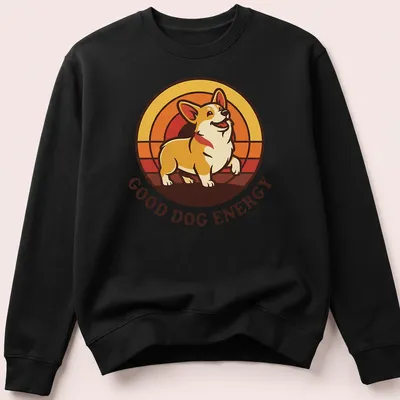 Retro print featuring a joyful Corgi with text reading 'Good Dog Energy' in bright colors — printed on a unisex sweatshirt