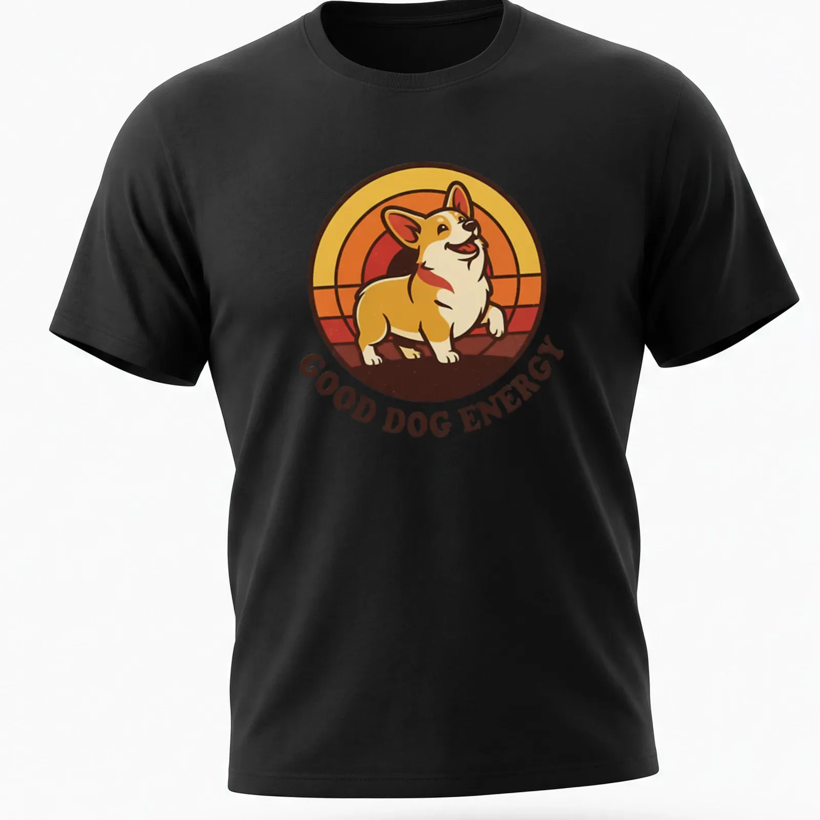 Retro print featuring a joyful Corgi with text reading 'Good Dog Energy' in bright colors — printed on a unisex t-shirt