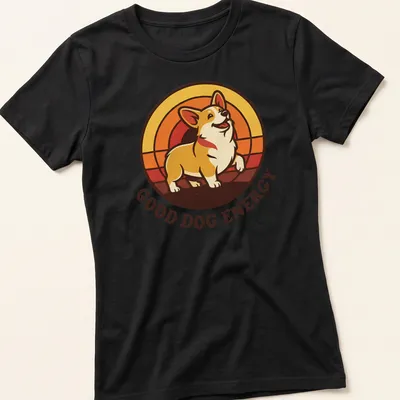 Retro print featuring a joyful Corgi with text reading 'Good Dog Energy' in bright colors — printed on a women's shirt