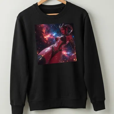 Illustration of a red demon succubus in fantasy style with vibrant colors. — printed on a unisex sweatshirt