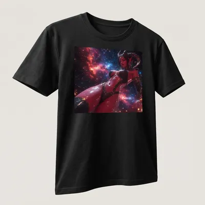 Illustration of a red demon succubus in fantasy style with vibrant colors. — printed on a unisex t-shirt (angled view)