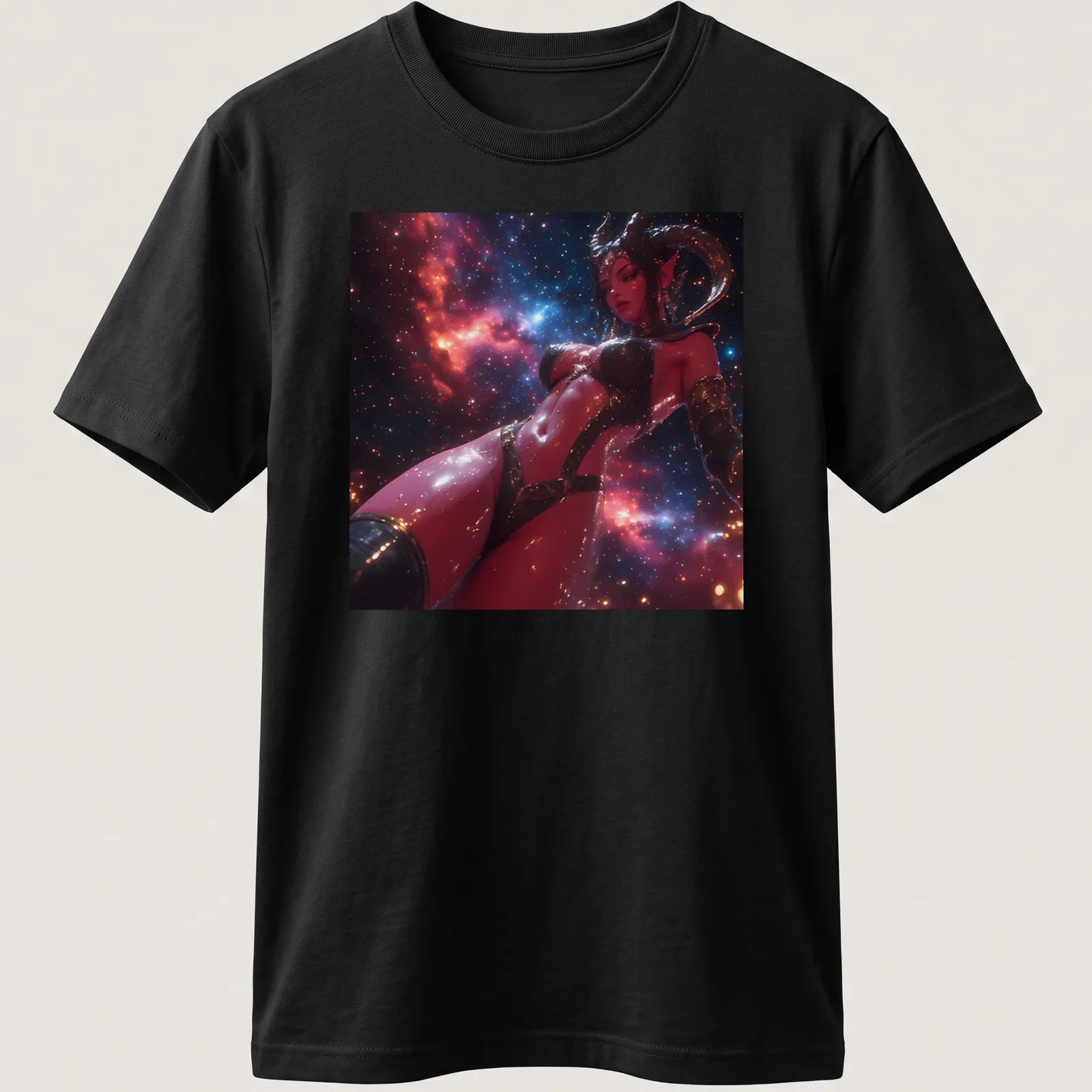 Illustration of a red demon succubus in fantasy style with vibrant colors. — printed on a unisex t-shirt