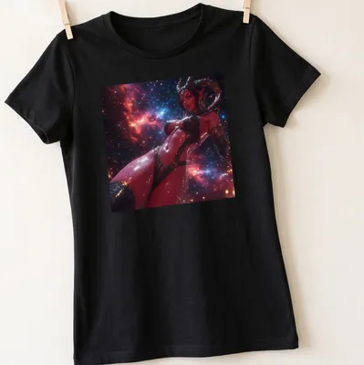 Illustration of a red demon succubus in fantasy style with vibrant colors. — printed on a women's shirt