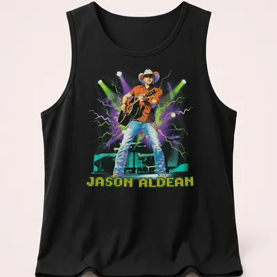 Vibrant pop art print with the name Jason Aldean in bold colors — printed on a tank top