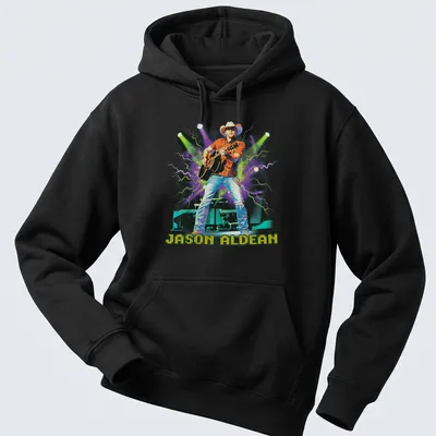 Vibrant pop art print with the name Jason Aldean in bold colors — printed on a unisex hoodie