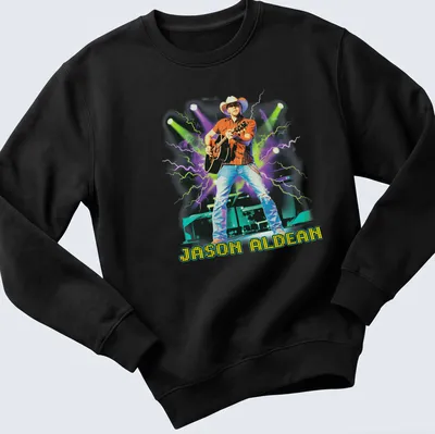Vibrant pop art print with the name Jason Aldean in bold colors — printed on a unisex sweatshirt
