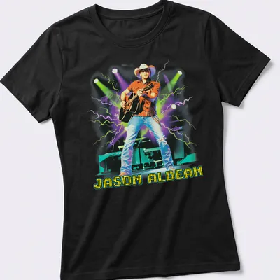Vibrant pop art print with the name Jason Aldean in bold colors — printed on a women's shirt