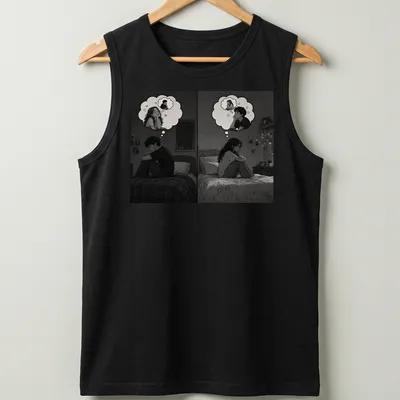 Monochrome illustration of a couple lost in thought with the text The Ones Who Couldn’t Be Together — printed on a tank top
