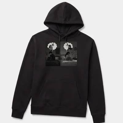 Monochrome illustration of a couple lost in thought with the text The Ones Who Couldn’t Be Together — printed on a unisex hoodie