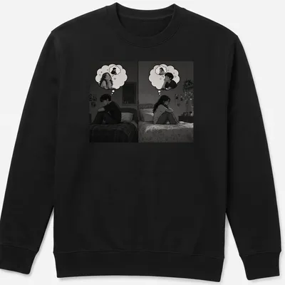 Monochrome illustration of a couple lost in thought with the text The Ones Who Couldn’t Be Together — printed on a unisex sweatshirt