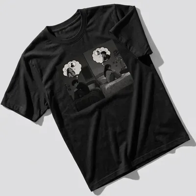 Monochrome illustration of a couple lost in thought with the text The Ones Who Couldn’t Be Together — printed on a unisex t-shirt