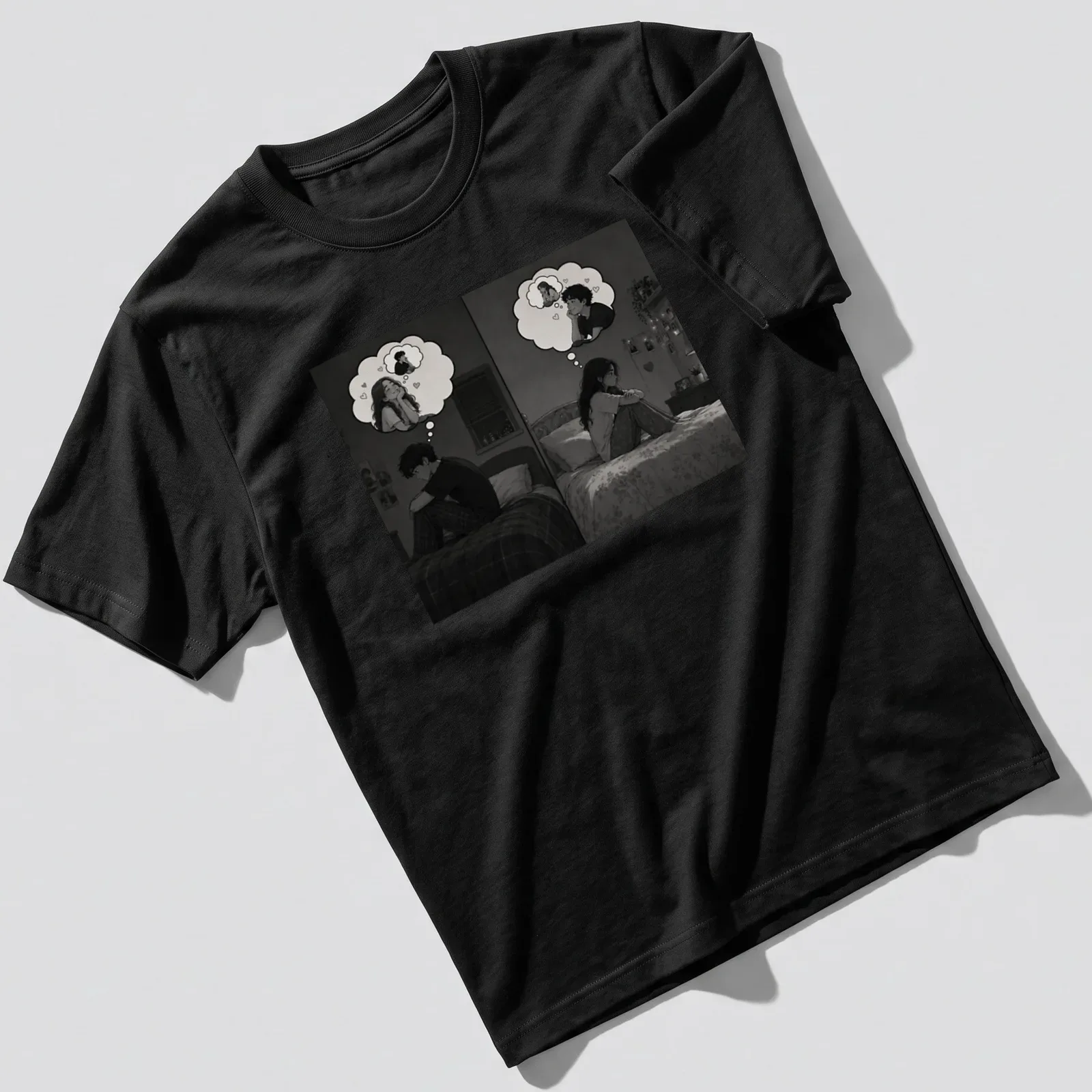 Monochrome illustration of a couple lost in thought with the text The Ones Who Couldn’t Be Together — printed on a unisex t-shirt