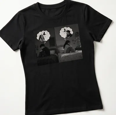 Monochrome illustration of a couple lost in thought with the text The Ones Who Couldn’t Be Together — printed on a women's shirt