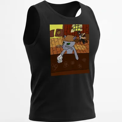 Cartoon cat in cowboy hat and boots, playful illustration in various colors — printed on a tank top
