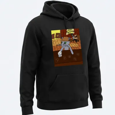 Cartoon cat in cowboy hat and boots, playful illustration in various colors — printed on a unisex hoodie