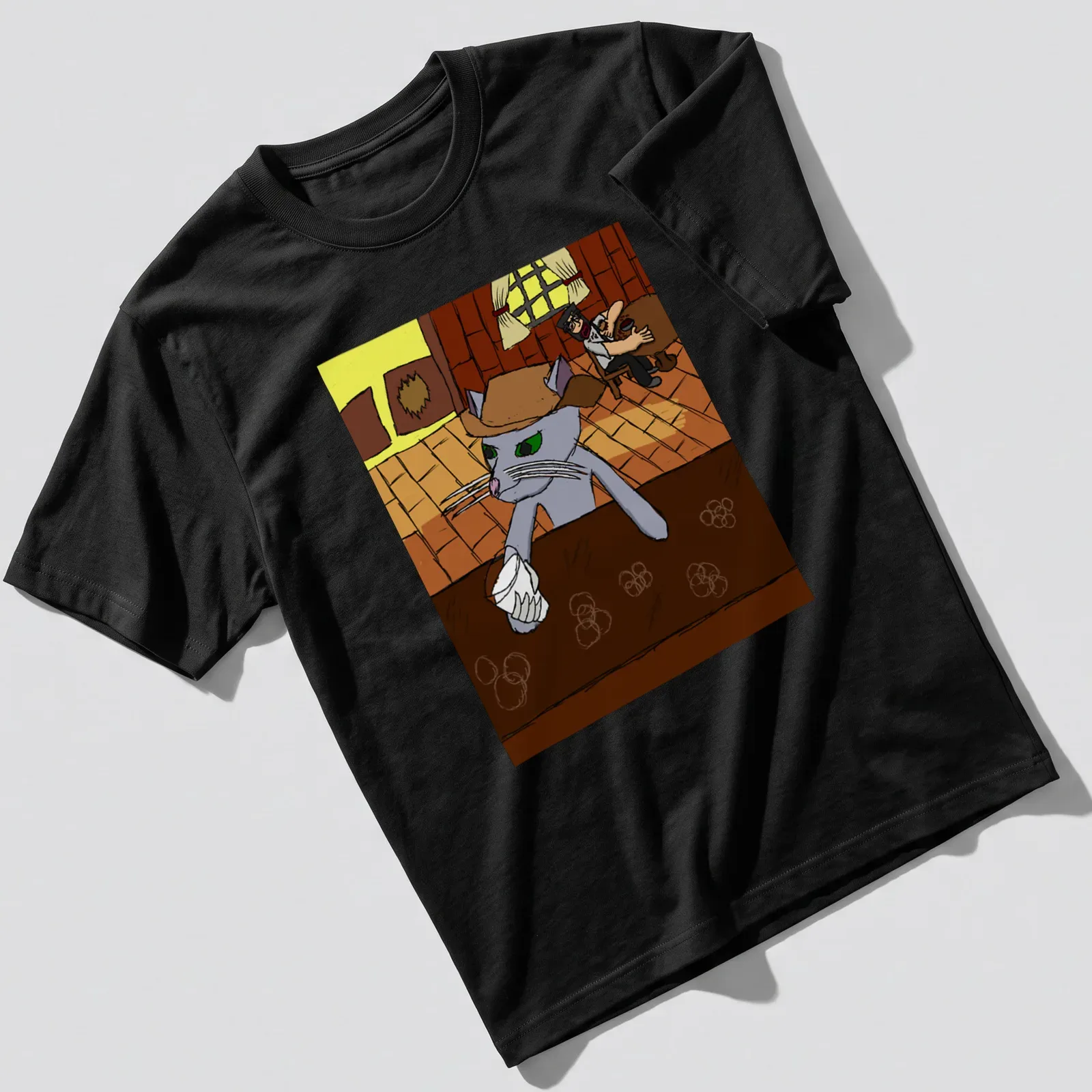 Cartoon cat in cowboy hat and boots, playful illustration in various colors — printed on a unisex t-shirt