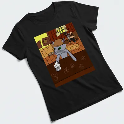 Cartoon cat in cowboy hat and boots, playful illustration in various colors — printed on a women's shirt