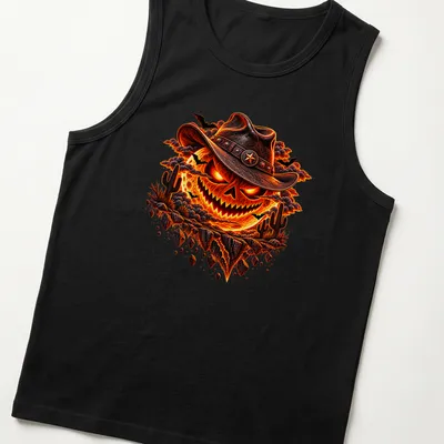 Detailed graphic of a cowboy pumpkin skull with Halloween text in vivid colors — printed on a tank top